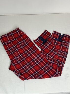 crown & ivy Red Plaid Festive Pants with Bow Hemline Details
